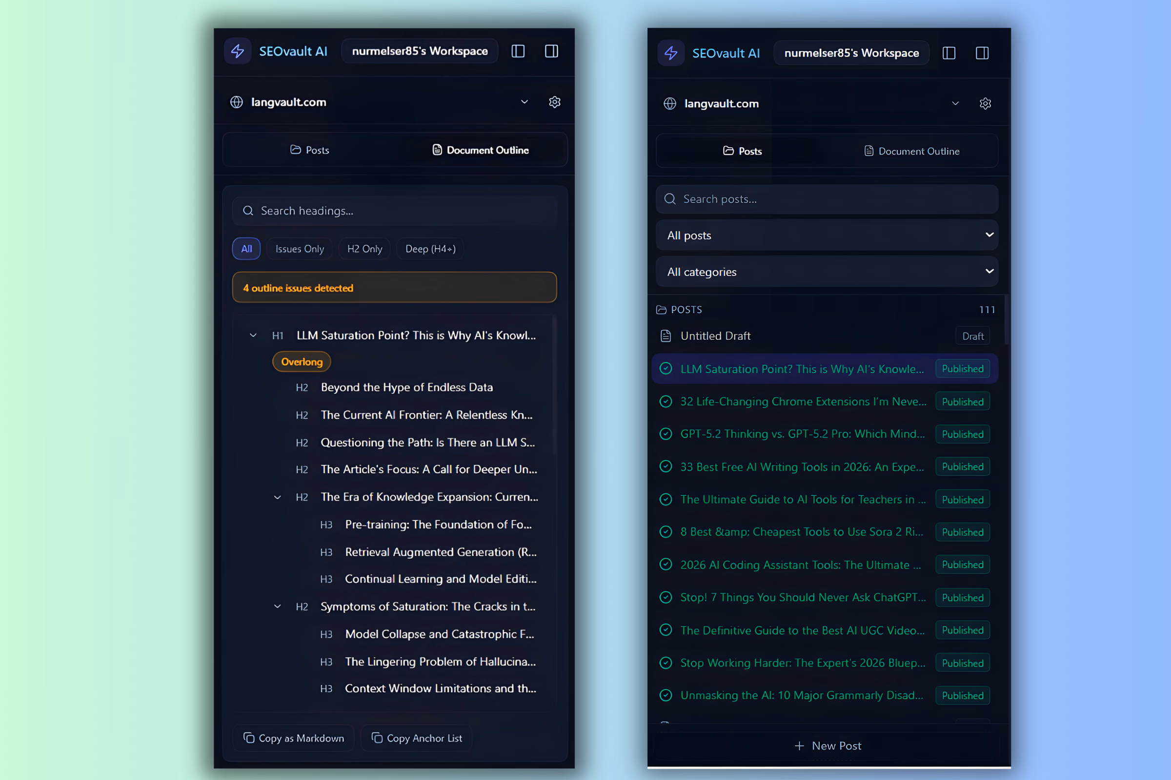 Post listing in the left pane