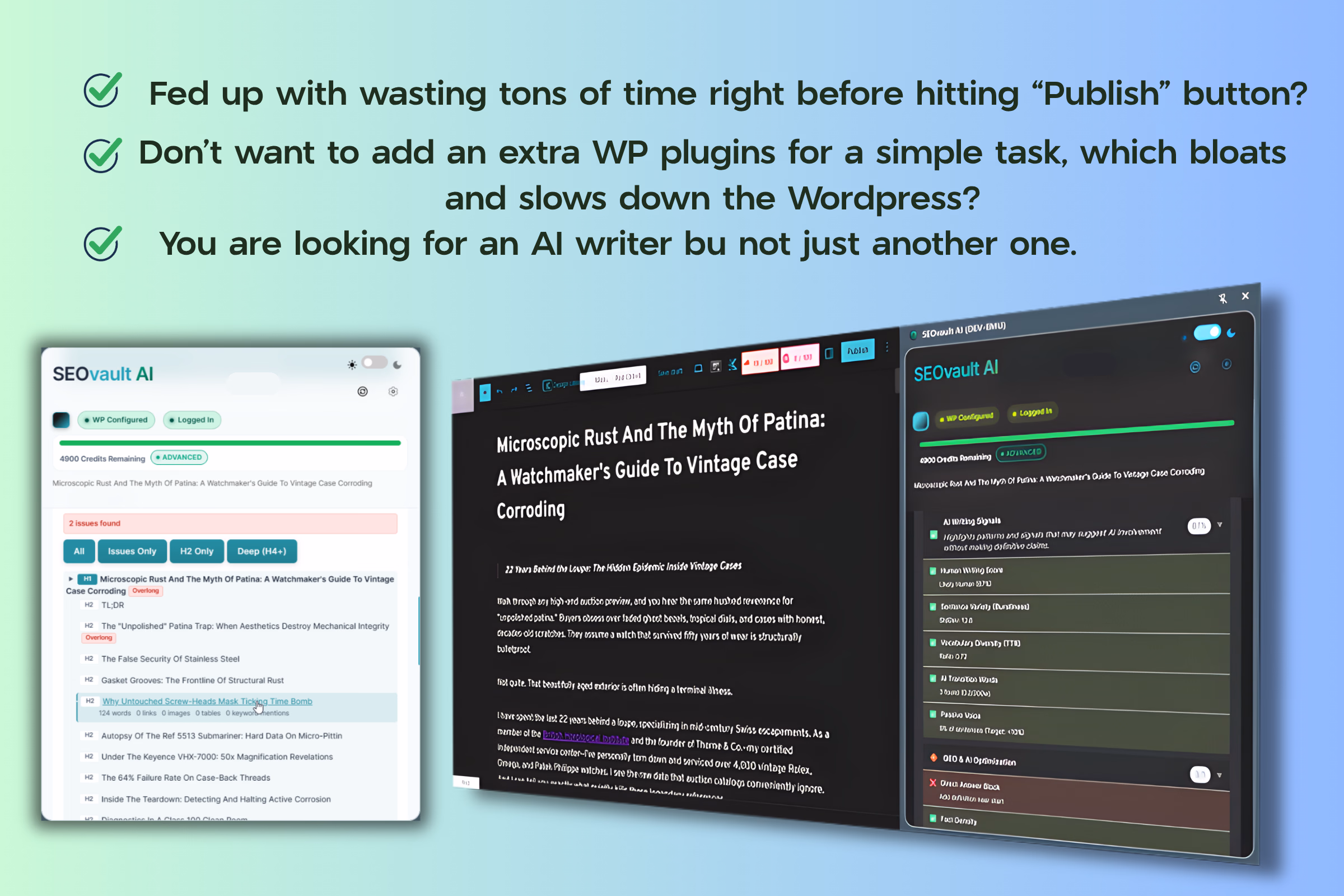SEOVault AI extension open inside the WordPress post editor